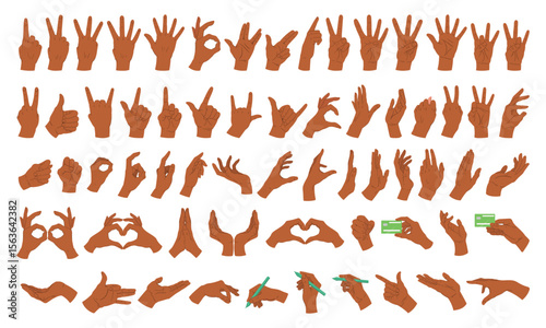 Black African hand gestures. Human hands showing, presenting and pointing flat vector illustration set. Cartoon hand palms