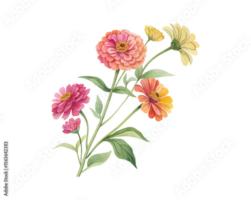 Fotografi watercolor Zinnia Branch vector illustration isolated on white background