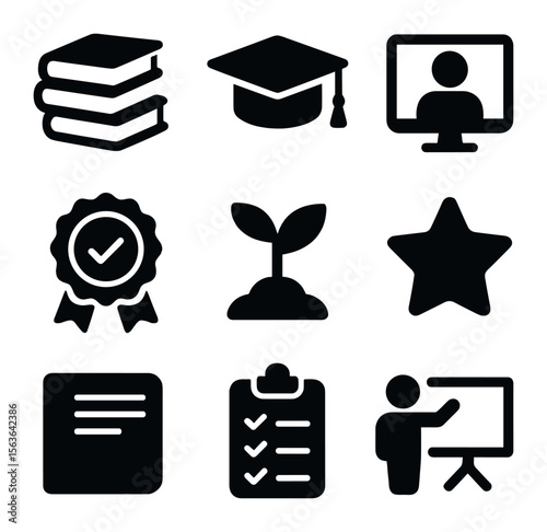 Personal Development Icons. Solid, filled icons set of personal development for consultants: book stack,