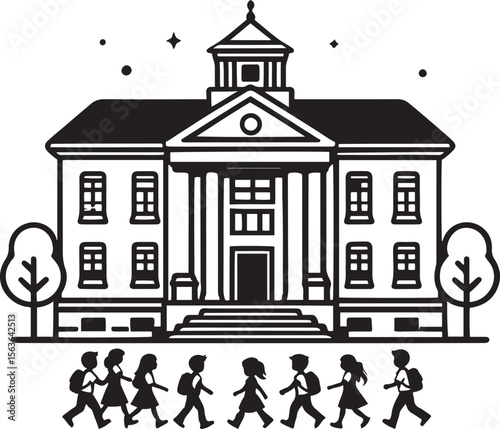 Children walking towards classical building school
