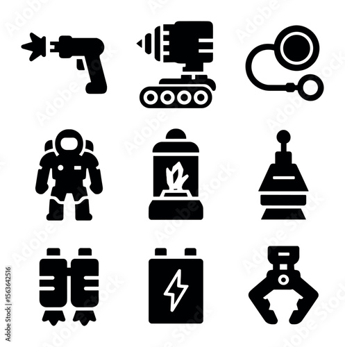 Futuristic Mining Equipment. Solid, filled icons set of futuristic mining equipment: plasma cutter, automated