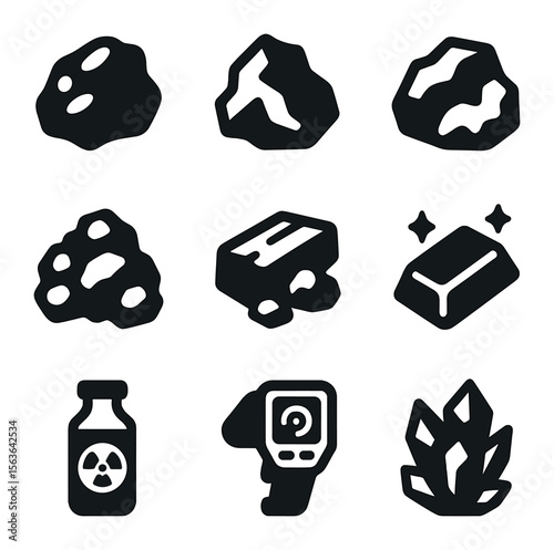 Rare Space Resources Icons. Solid, filled icons set of rare space resources: platinum nugget, gold fragment,