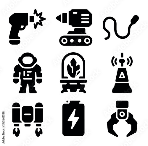 Futuristic Mining Equipment. Solid, filled icons set of futuristic mining equipment: plasma cutter, automated