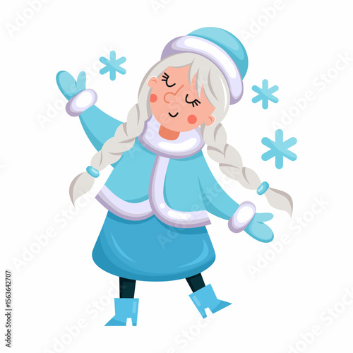 Russian Snegurochka or Snow Maiden dancing on white background. Vector illustration in cartoon style. Merry Christmas and Happy New Year.