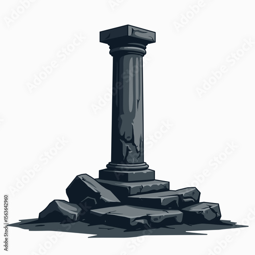 Illustration of a weathered stone column with a square capital resting on a rocky base, isolated on white background