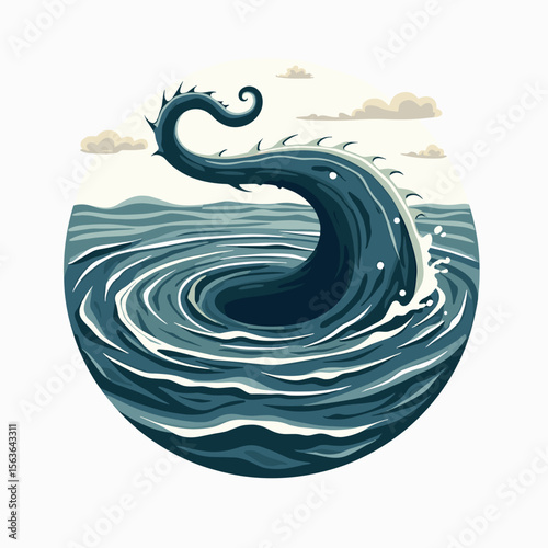 Stylized Illustration of a Sea Monster Emerging from a Whirlpool in a Circular Frame