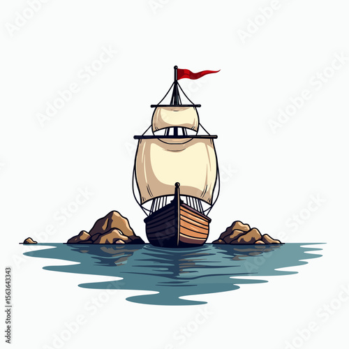 Illustration of a Tall Ship Sailing on Calm Waters Near Rocky Outcrops with a Red Flag