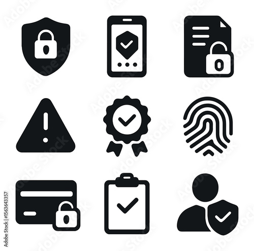Fintech Security Icons. Solid, filled icons set of fintech security features: shield lock, two-factor icon,
