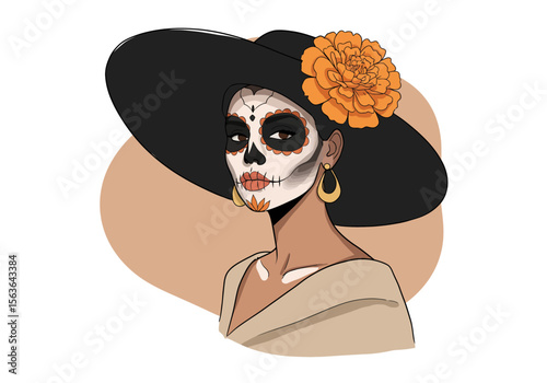 Elegant portrait of a woman with modern La Catrina sugar skull makeup.