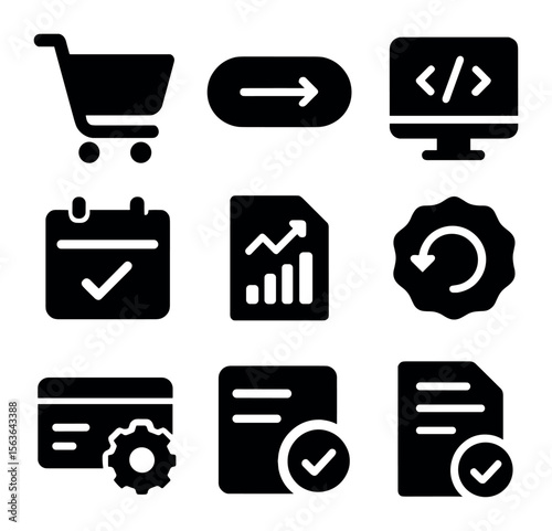 E-commerce Icons Grid. Solid, filled icons set of e-commerce payment integration: shopping cart, checkout