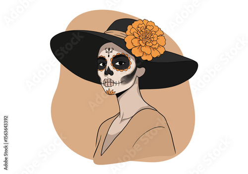Elegant portrait of a woman with modern La Catrina sugar skull makeup.