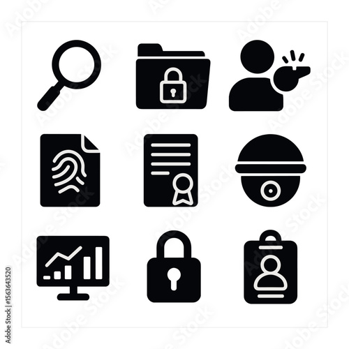 Investigative Journalism Icons. Solid, filled icons set of investigative journalism symbols: magnifying glass,