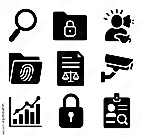 Investigative Journalism Icons. Solid, filled icons set of investigative journalism symbols: magnifying glass,