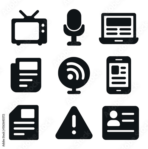 News Media Icons Grid. Solid, filled icons set of news media platforms: TV broadcast, radio microphone, online