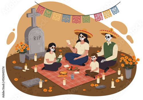 Family celebrating Dia de los Muertos at a cemetery with ofrenda and candles.