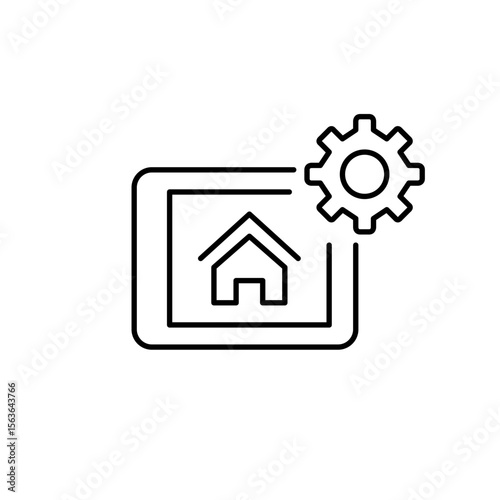 Smart home interface on tablet and cogwheel. Home automation settings, smart device configuration, connected home control, IoT system management, personalized environment setup. Pixel perfect, editabl