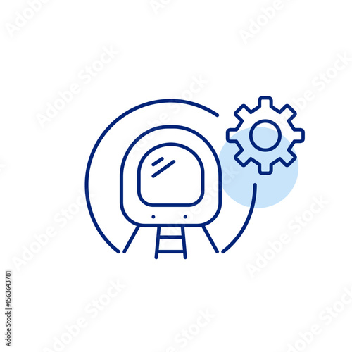 Train in subway tunnel and cogwheel. Subway system settings, train operations control, transit maintenance, rail network management, public transportation optimization. Pixel perfect, editable stroke 