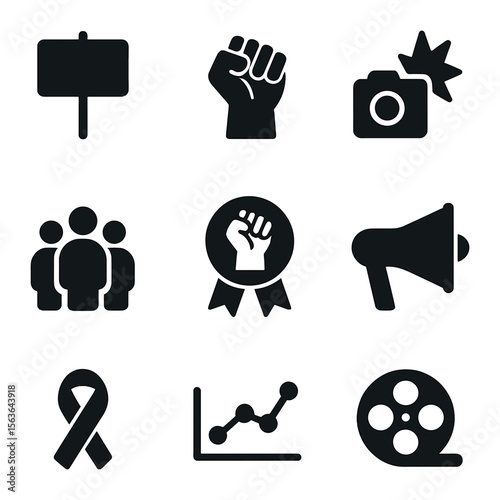 Social Change Icons. Solid, filled icons set of documenting social change movements: protest sign, raised fist