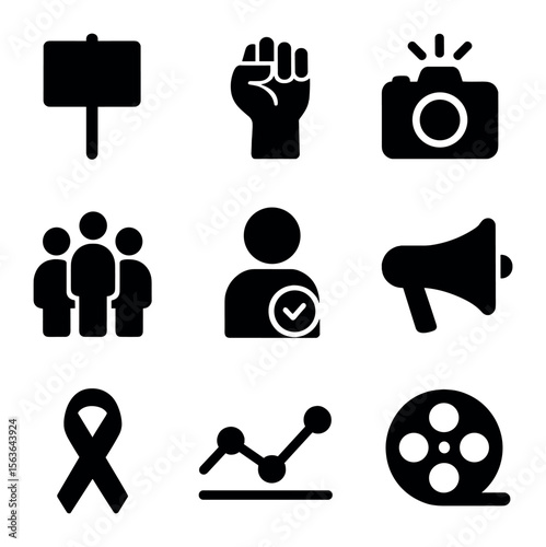 Social Change Icons. Solid, filled icons set of documenting social change movements: protest sign, raised fist