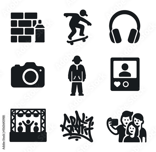 Global Youth Icons. Solid, filled icons set of global youth culture photography: street art wall, skateboarder
