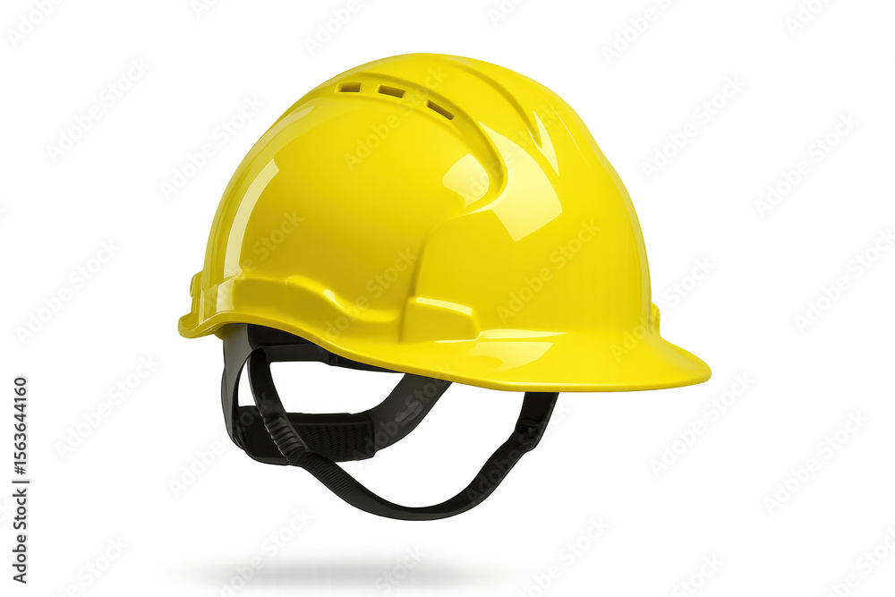 Fototapeta premium Bright yellow construction safety helmet isolated on transparent background.