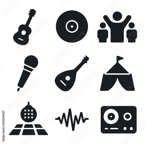 Music Culture Icons. Solid, filled icons set of documenting music cultures: guitar icon, vinyl record, concert
