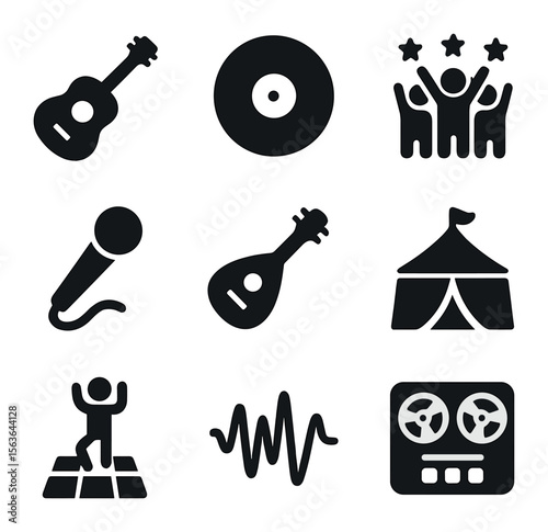 Music Culture Icons. Solid, filled icons set of documenting music cultures: guitar icon, vinyl record, concert