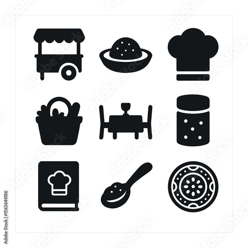 Food Culture Icons. Solid, filled icons set of food culture photography: street food cart, traditional dish,