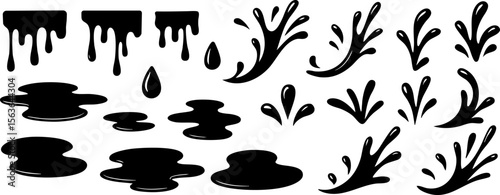 Collection of 24 black liquid splash, drip, and puddle silhouettes. Bold graphic elements for comics, horror designs, graffiti, or paint effects. Isolated on transparent background