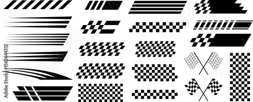 Set of 30 racing stripe and checkered flag elements in black. Includes dynamic speed lines, car decals, and finish flag icons for motorsport, racing graphics, and branding