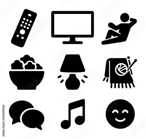 Relaxed Night Icons. Solid, filled icons set of relaxed night at home: remote control, TV screen, relaxed pose