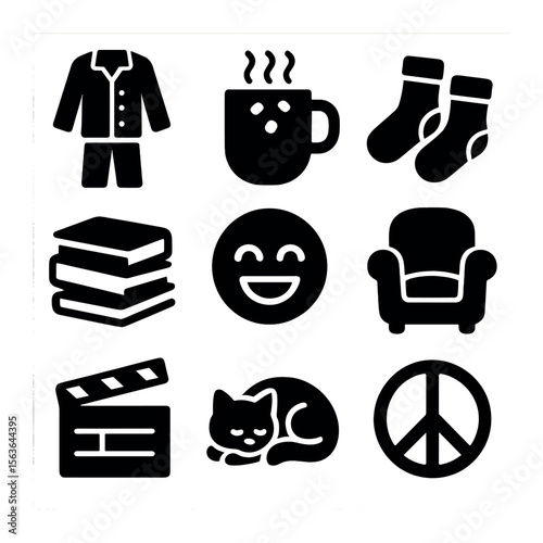 Weekend Relaxation Icons. Solid, filled icons set of weekend relaxation: pajama icon, hot chocolate mug, cozy