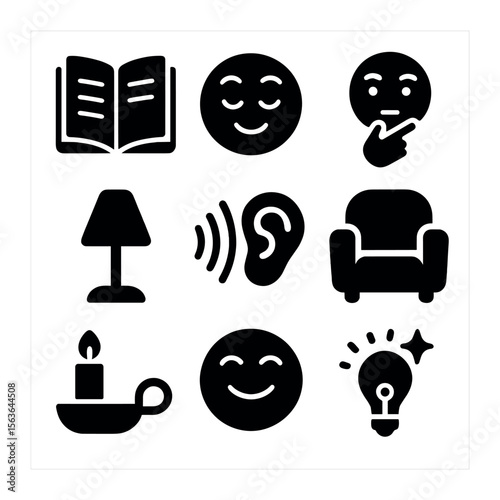 Relaxed Storytelling Icons. Solid, filled icons set of relaxed storytelling: open journal, expressive face,