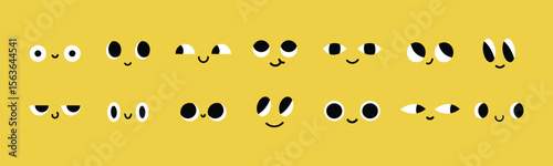 Cute faces collection. Simple smiling expressions, funny eyes and mouths for emoji design, kids graphics, stickers or characters. Flat vector icons on yellow background.