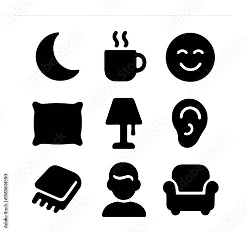 Late Night Icons. Solid, filled icons set of late night chats: moon icon, steaming drink, quiet laughter, soft