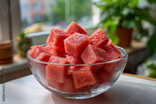 Freshly cut watermelon cubes in a glass bowl on a sunny windowsill with greenery in the background
