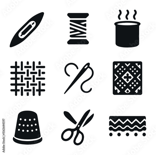 Heritage Textile Icons. Solid, filled icons set of heritage textile arts: loom shuttle, yarn spool, dye vat,