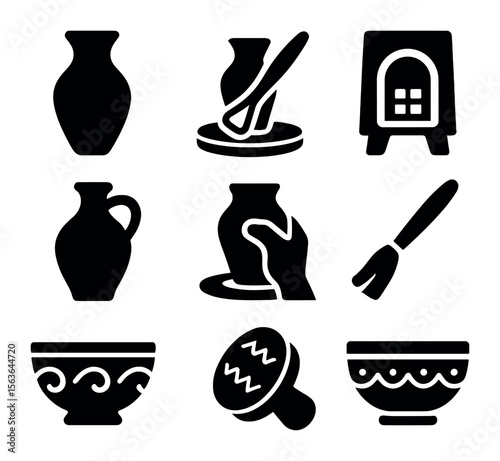 Ceramic Craft Icons. Solid, filled icons set of ceramic and pottery making: clay vase, potter’s wheel,