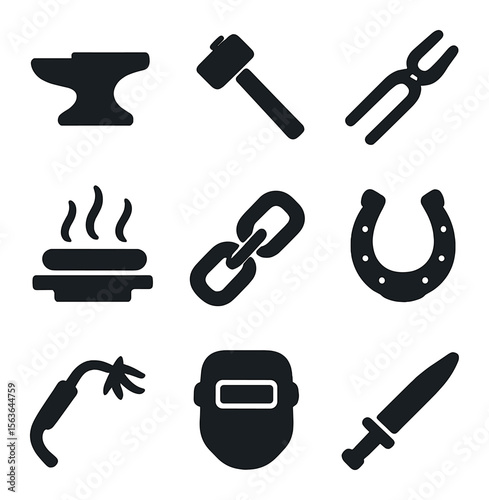 Metalworking Tools Icons. Solid, filled icons set of metalworking and blacksmithing: anvil icon, forging