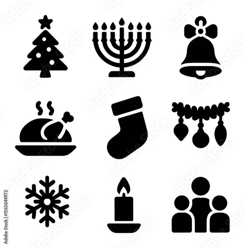 Seasonal Celebration Icons. Solid, filled icons set of seasonal family celebrations: Christmas tree, menorah