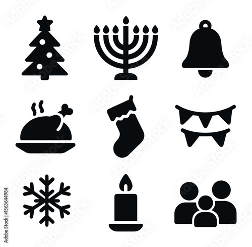 Seasonal Celebration Icons. Solid, filled icons set of seasonal family celebrations: Christmas tree, menorah