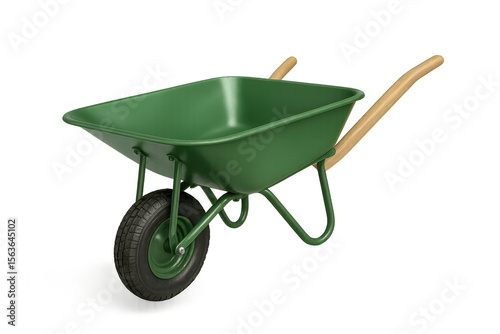 Green wheelbarrow with wooden handles isolated on transparent background, garden tool photo