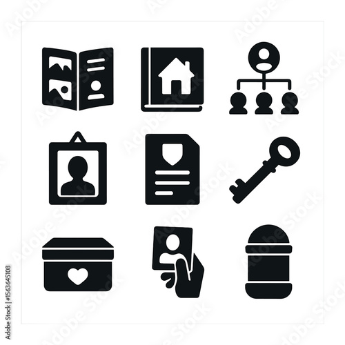 Storytelling Icons Collection. Solid, filled icons set of storytelling and memory keeping: open photo album,