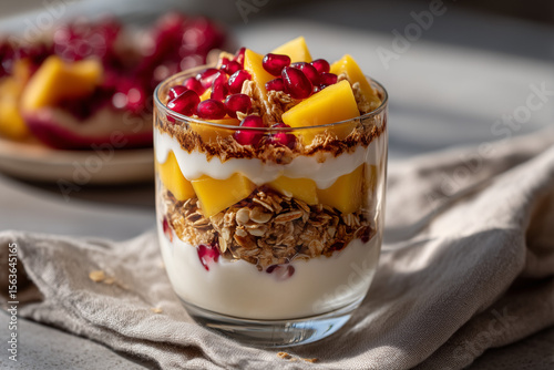 Delicious layered yogurt parfait with mango, pomegranate, and granola for a healthy snack or breakfast option