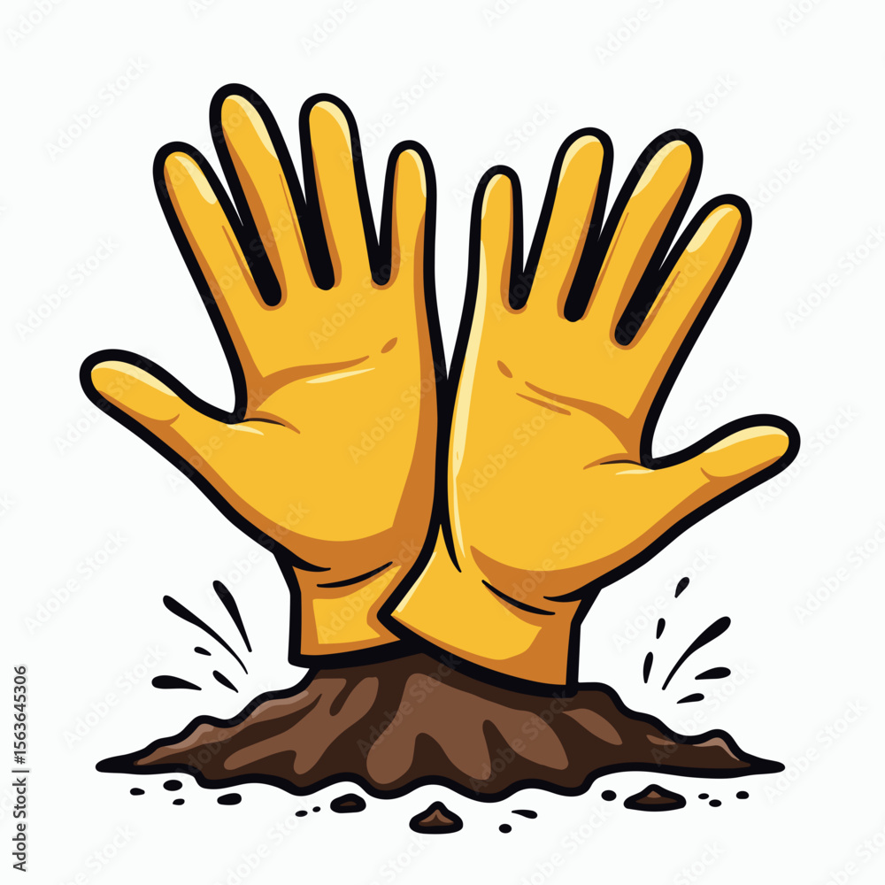 Obraz premium Cartoon Illustration of Yellow Gardening Gloves Emerging from Soil, Symbolizing Gardening and Outdoor Work