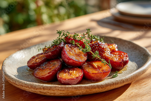 Deliciously caramelized plums garnished with fresh thyme served on a rustic plate during a sunny outdoor meal