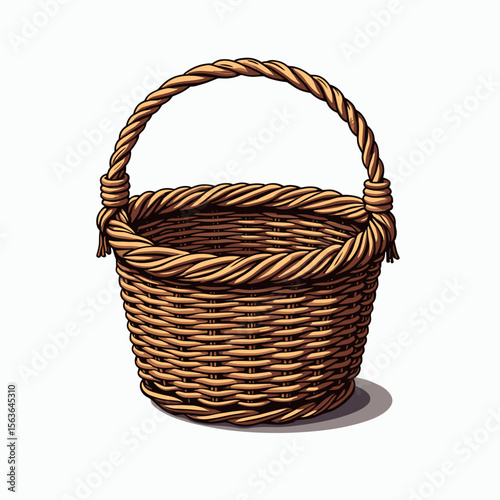 Illustration of a Woven Wicker Basket with Handle, Perfect for Storage and Decorative Purposes