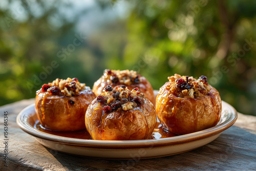 Baked apples with nuts and dried fruits served on a wooden table in a sunny garden setting