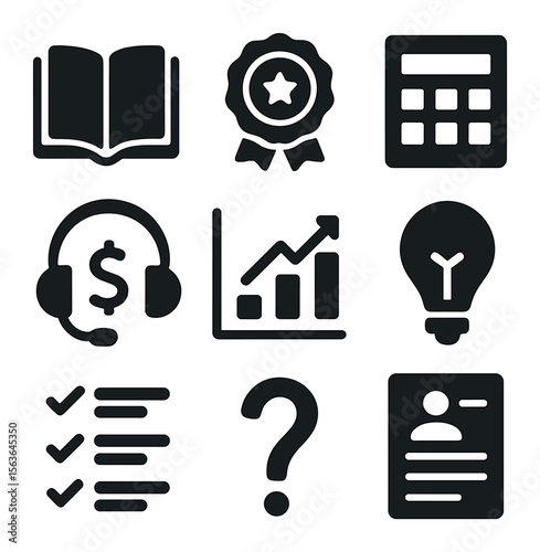 Financial Literacy Icons. Solid, filled icons set of financial literacy tools: open book, learning badge,
