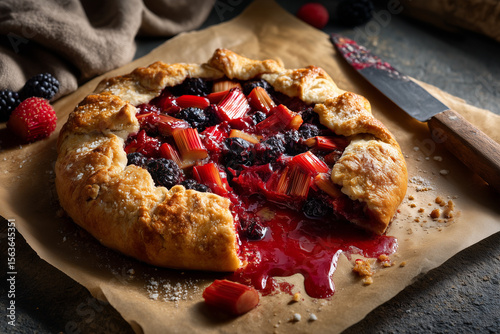 Berry and rhubarb galette on parchment with fresh berries and a knife in a rustic kitchen setting